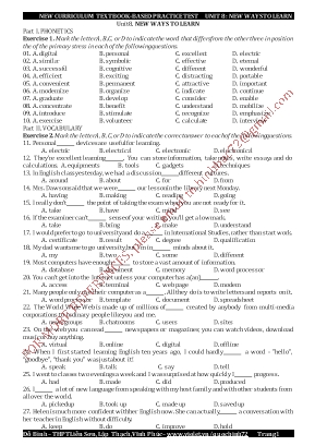 Bài tập Tiếng Anh cho học sinh Lớp 10 - Unit 8 New ways to learn - Đỗ Bình